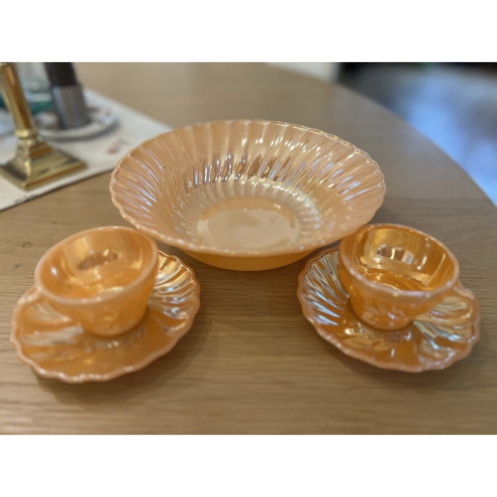 Anchor Hocking Fire King Peach Lustre Serving Bowl & Set 2 Tea Cups Saucers Vtg